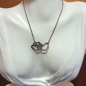 Silver entwined heart and paw necklace